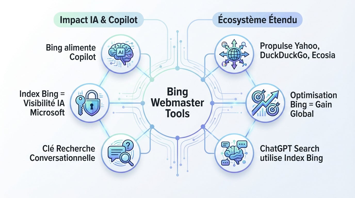 Interface de Bing Webmaster Tools montrant les performances SEO et l'intégration IA en 2026