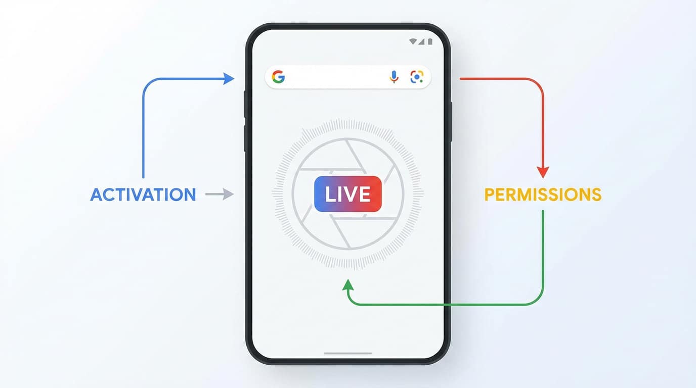 Interface utilisateur de Google Search Live sur un smartphone affichant les options vocales et caméra