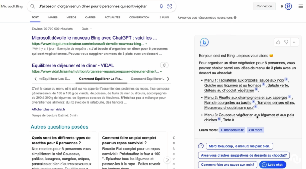 Bing chatbot dans les SERP