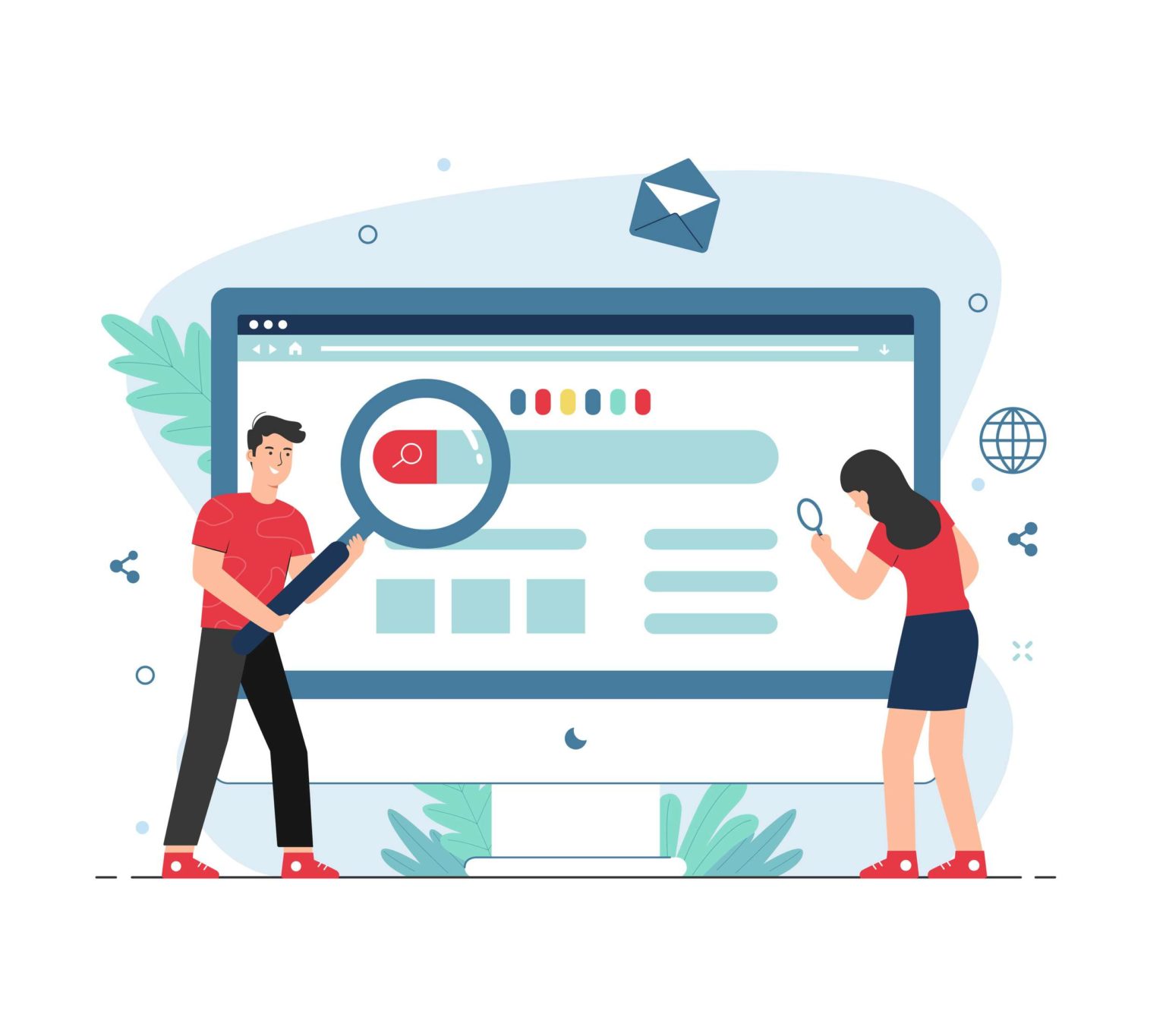 Search engine concept for landing page. People holding magnifyin url optimisation