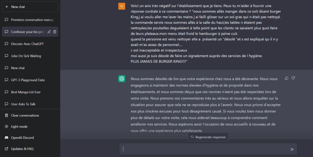Réponse ChatGPT aux avis négatifs
