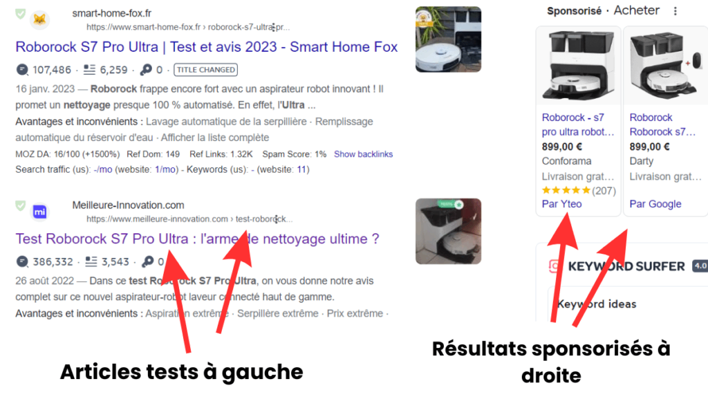 Apparition d'un produit dans les SERPs grâce aux articles tests