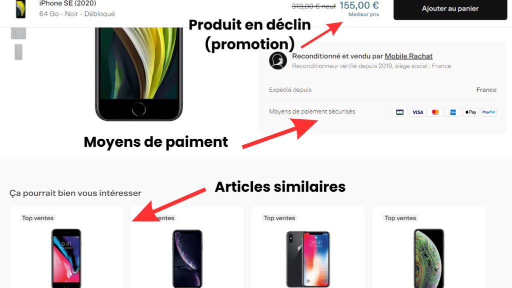 Exemple de catalogue d'articles similaires sur Backmarket