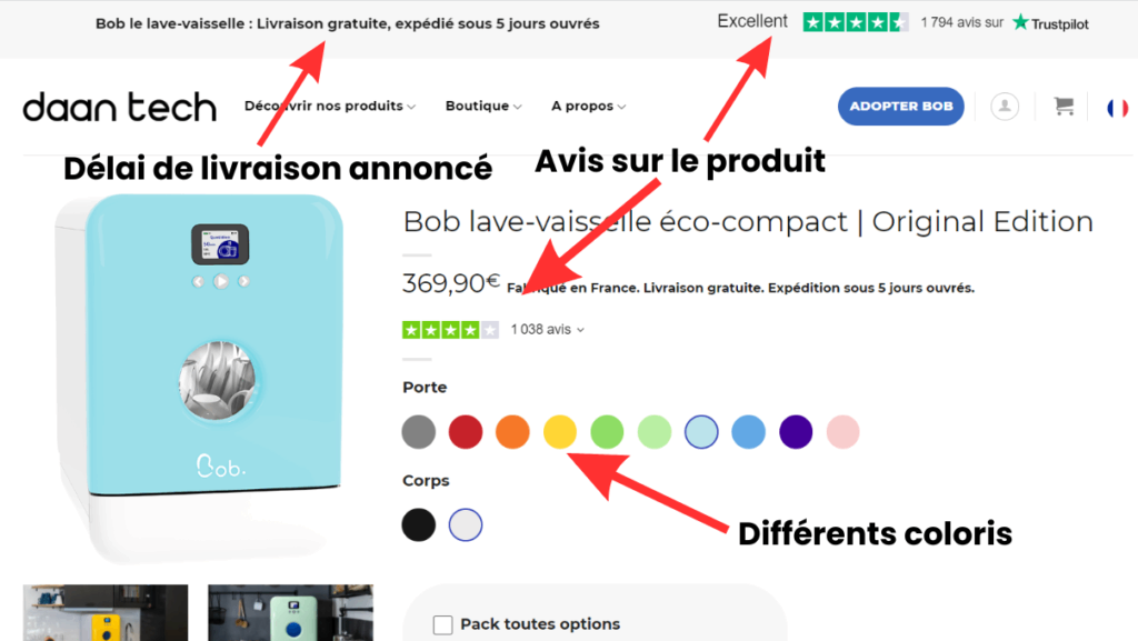 Exemple de page produit lave-vaisselle Bob