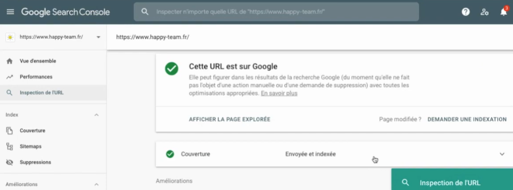 Inspection d'URL sur la Search Console