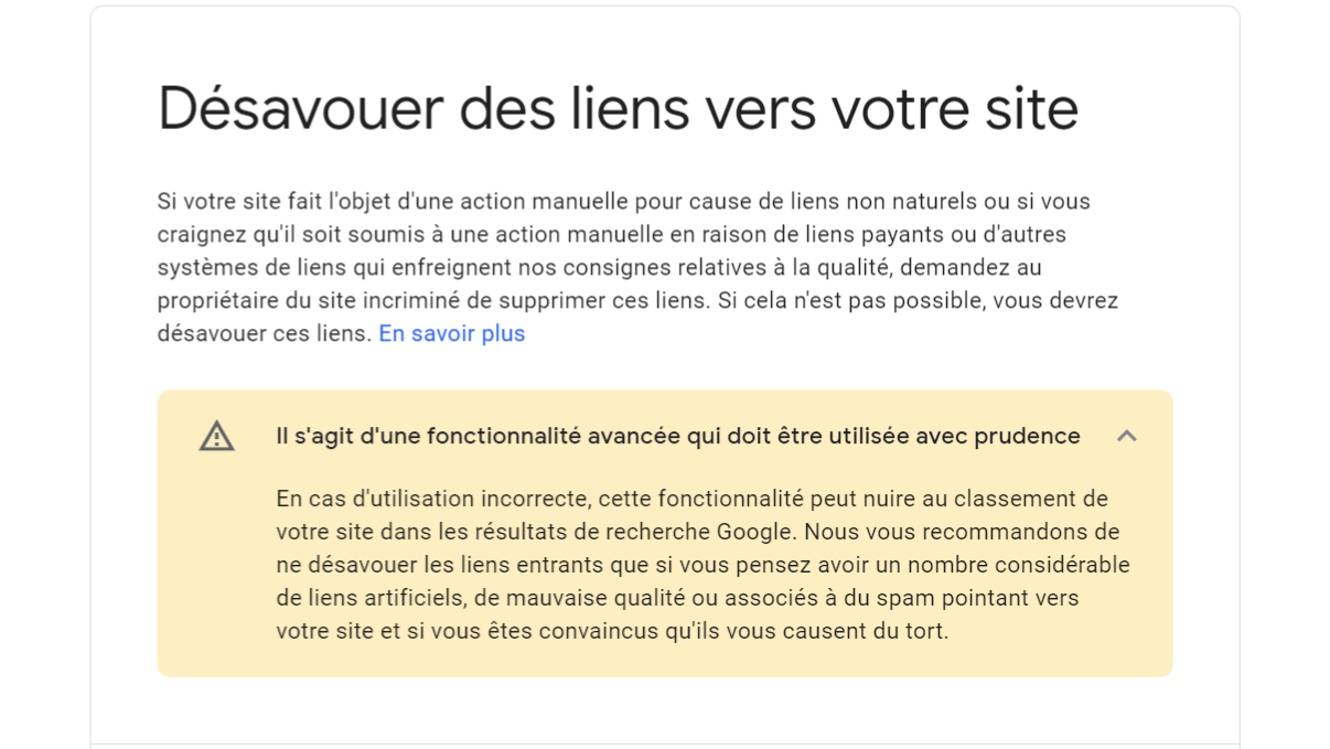 Désavouer un lien avec la Search console