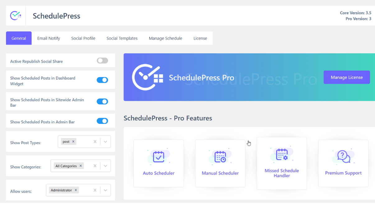 Interface du plugin Schedule Press