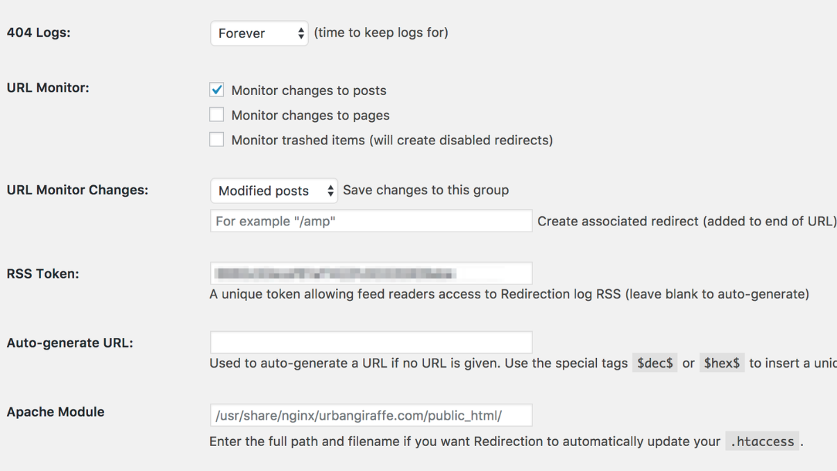 Interface du plugin redirection