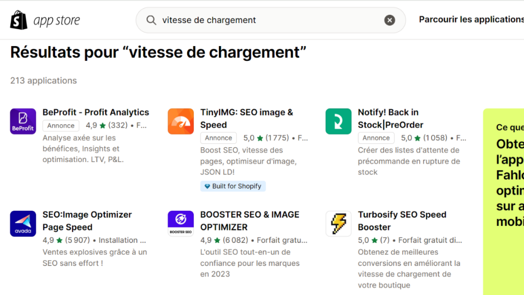 Shopify exemple d'extensions performance de site