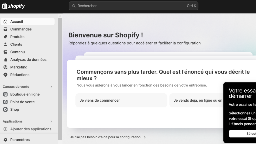 Shopify interface de début