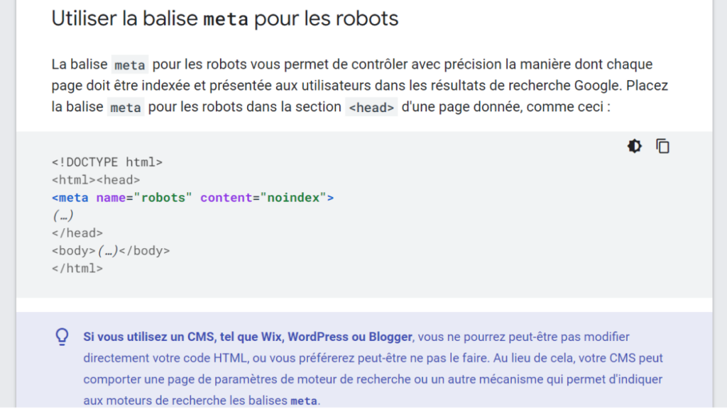 Balise metarobot expliquée par Google