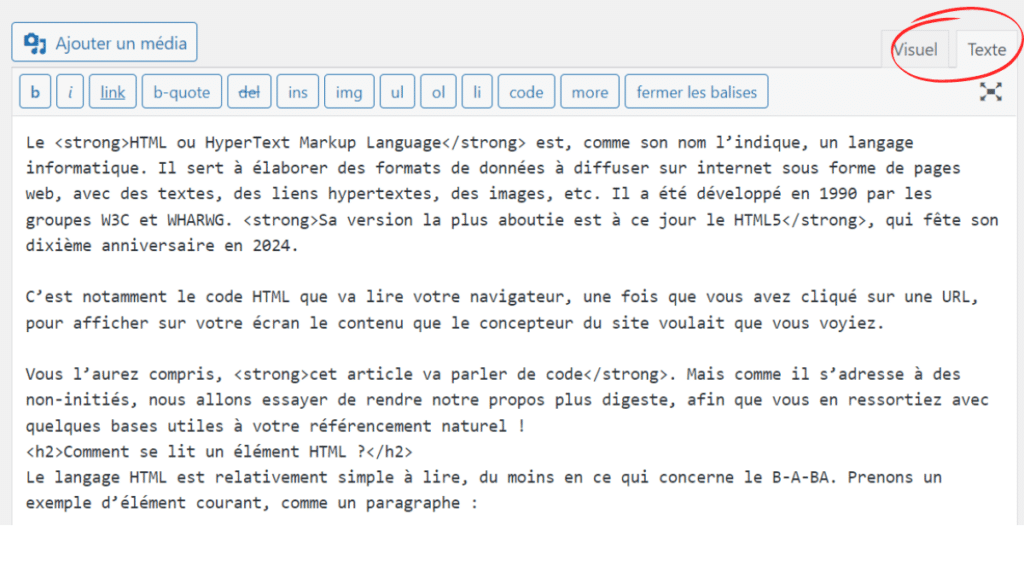 Accéder au code HTML dans un fichier WordPress