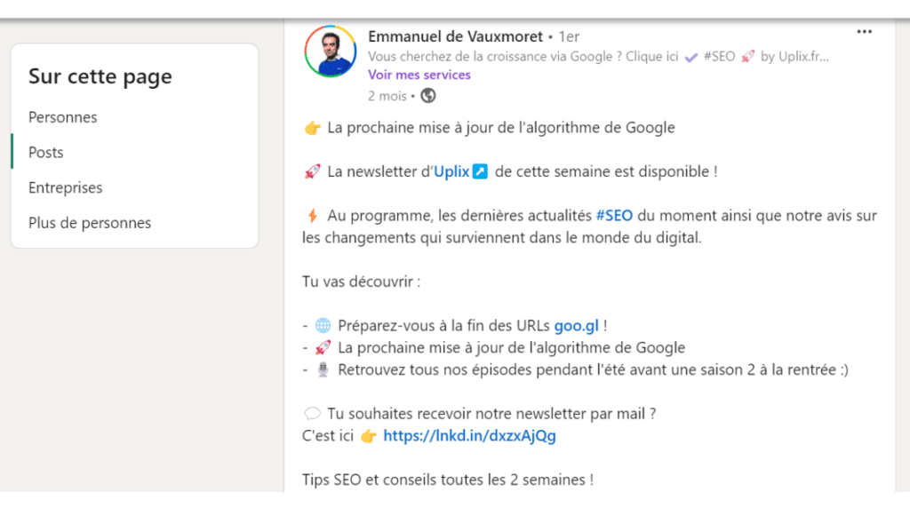 Exemple post LinkedIn pour promouvoir un blog