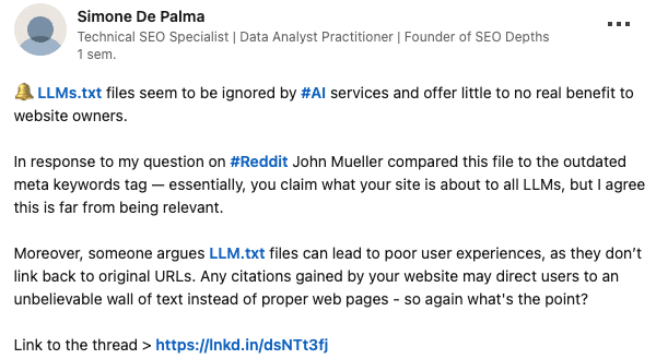 Post LinkedIn Simone De Palma sur les LLMs.txt