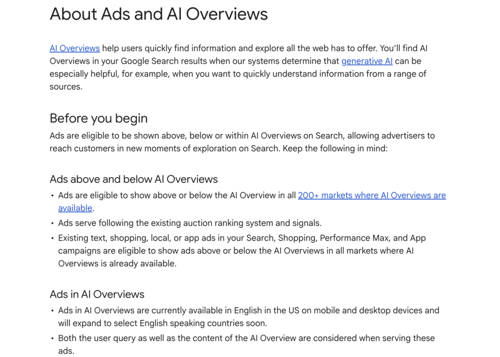 Capture d'écran documentation Google Ads AI Overviews.