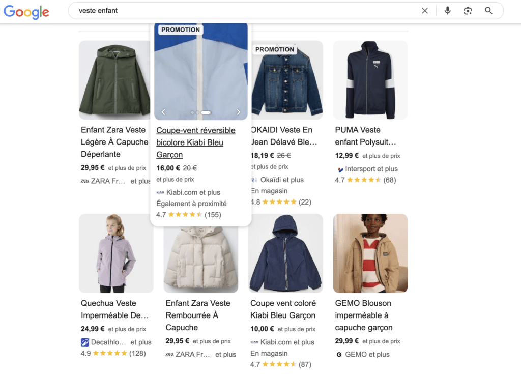 Capture d'écran grille de produits organiques Google.