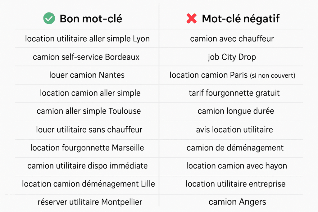 Tableau mots-clés positifs et négatifs