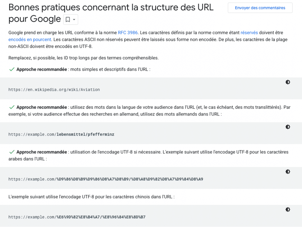 Capture d'écran documentation structure URL Google.