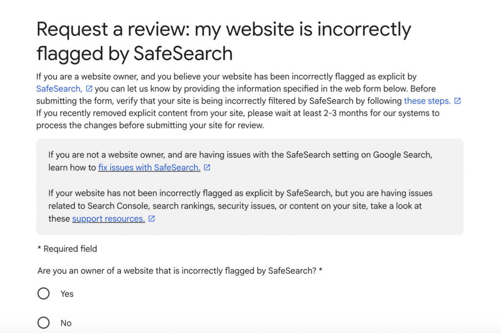 Le formulaire de Google permettant de demander un réexamen de son site web