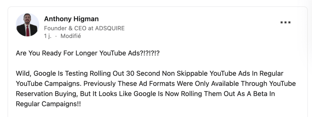 Le post annonçant la nouvelle bêta de YouTube sur le format 30 secondes non skippable