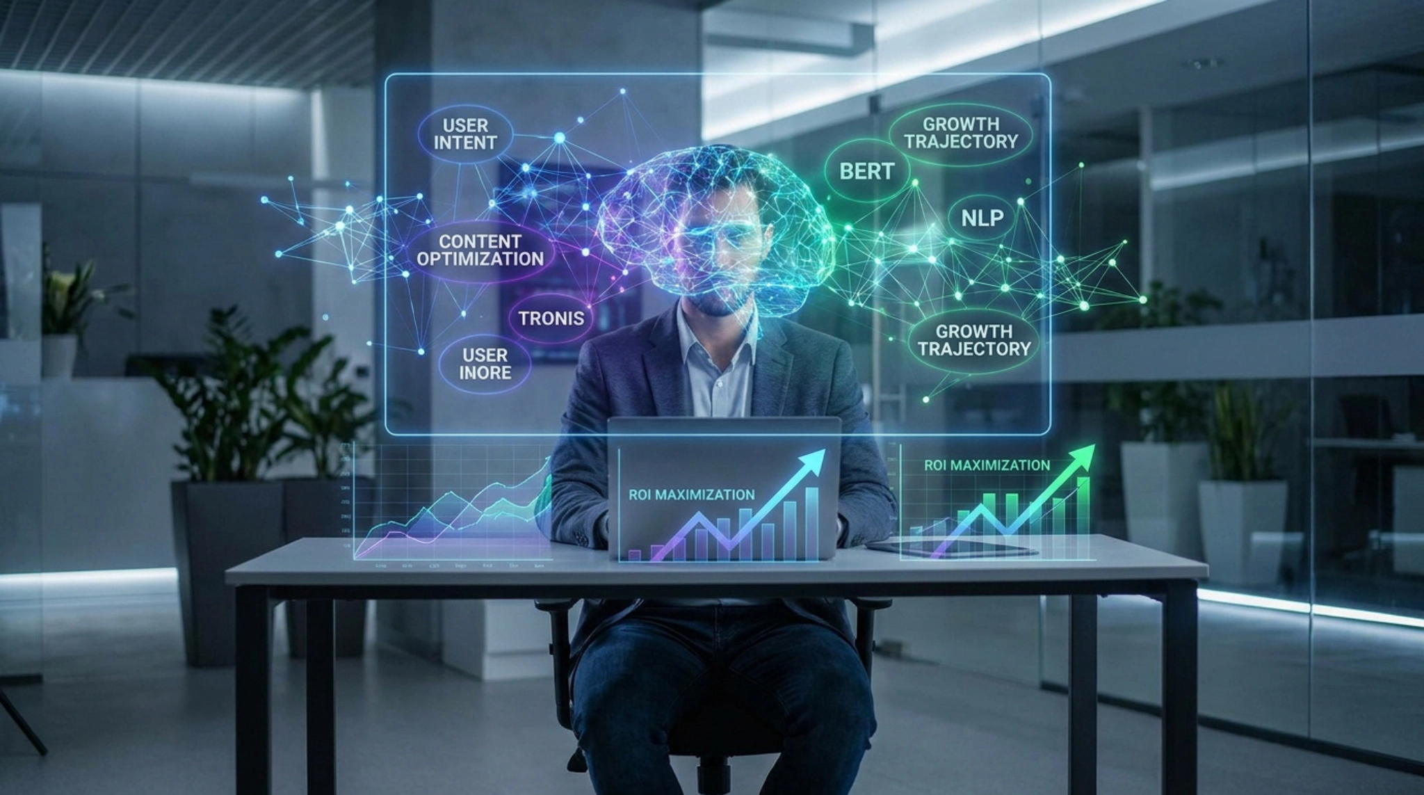 Un homme travaillant sur ordinateur avec une interface holographique affichant des données sémantiques et des graphiques.