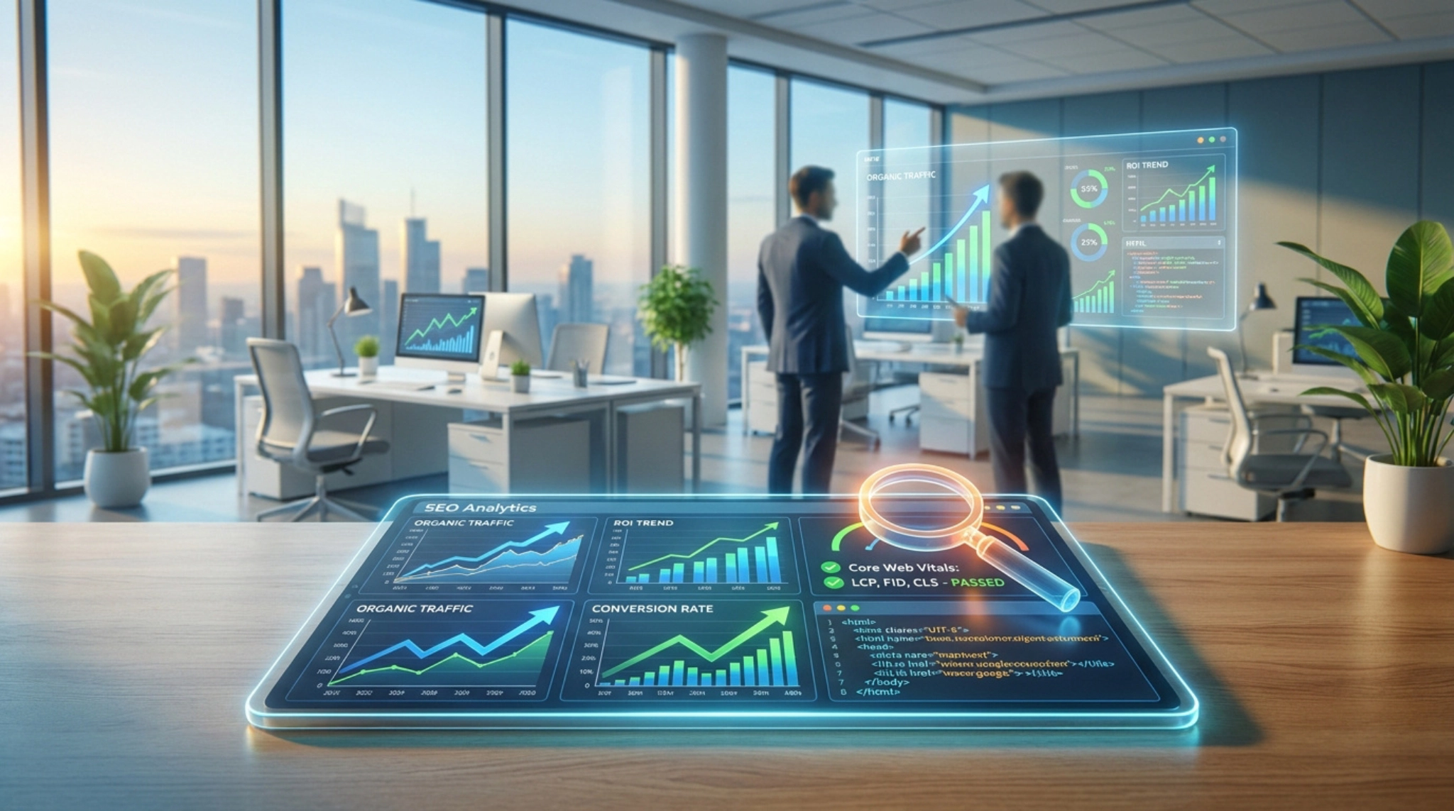 Tableau de bord d'analyse SEO avec graphiques de croissance et code source sur une tablette dans un bureau moderne.