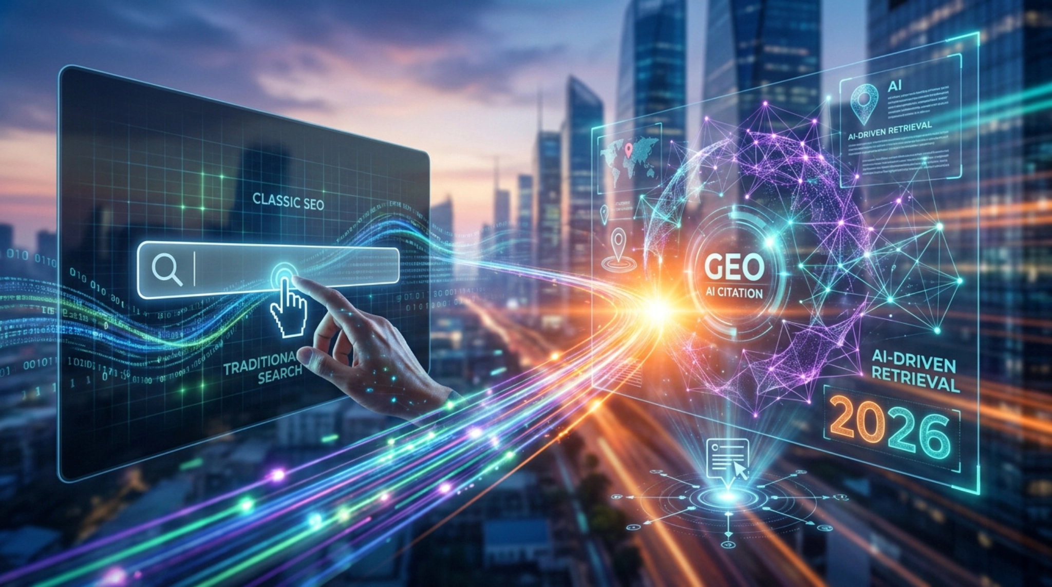 Illustration futuriste montrant la transition du SEO classique vers le GEO avec une interface holographique et de l'IA.