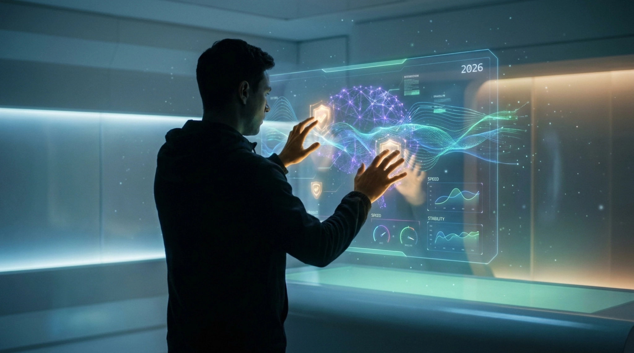 Un homme interagit avec une interface holographique futuriste représentant des données et une IA à l'horizon 2026.