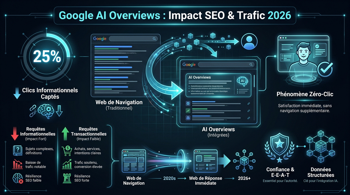 Analyse de l'impact des Google AI Overviews sur le trafic SEO et les stratégies de visibilité en 2026