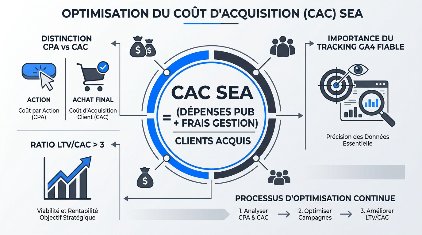 Graphique illustrant l'optimisation du coût d'acquisition client en SEA