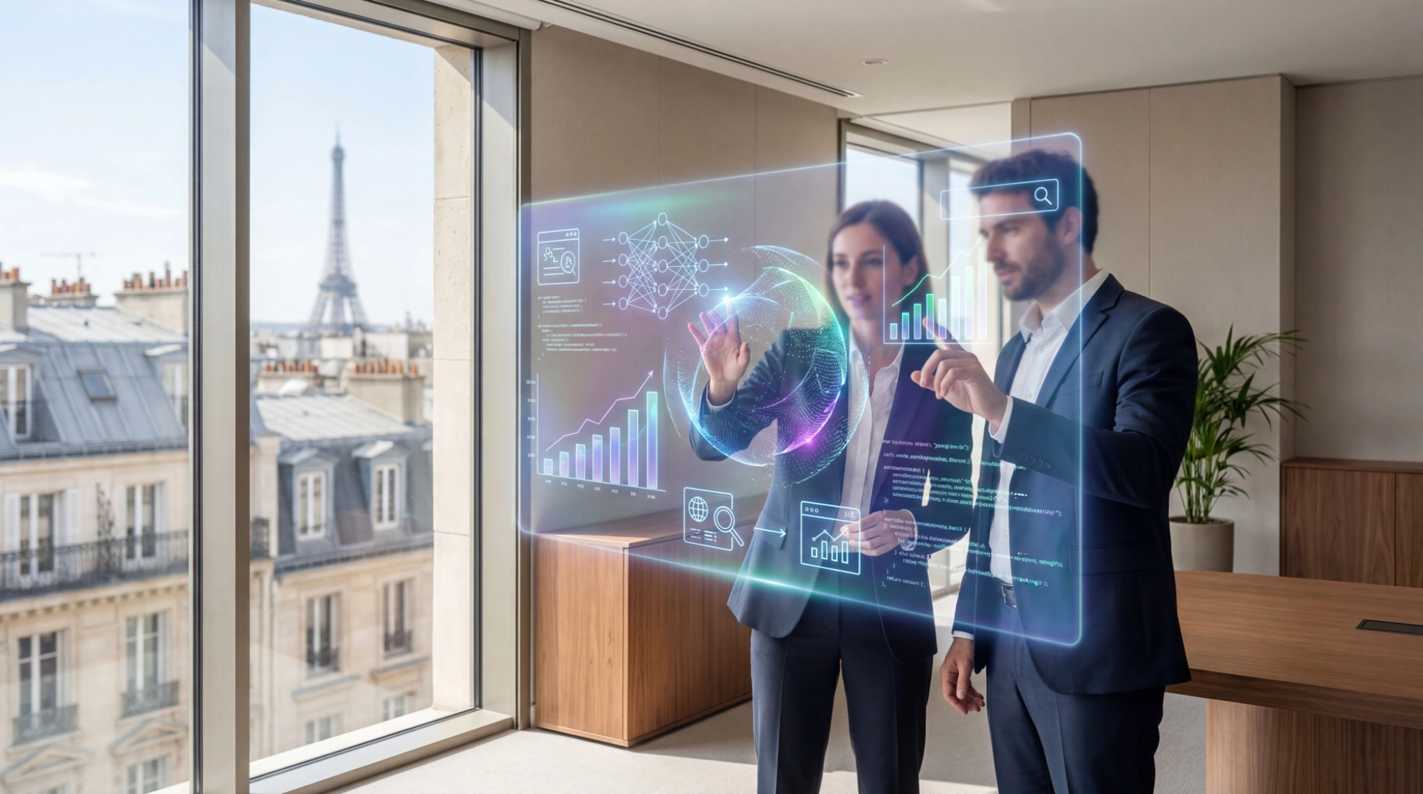Deux professionnels analysant des données SEO et IA sur une interface numérique holographique avec la tour Eiffel en fond.