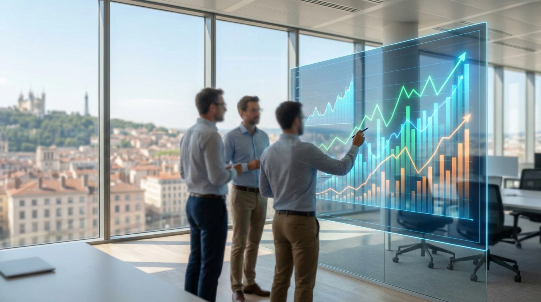 Trois hommes d'affaires analysent des graphiques de croissance sur un écran transparent devant le panorama de Lyon.
