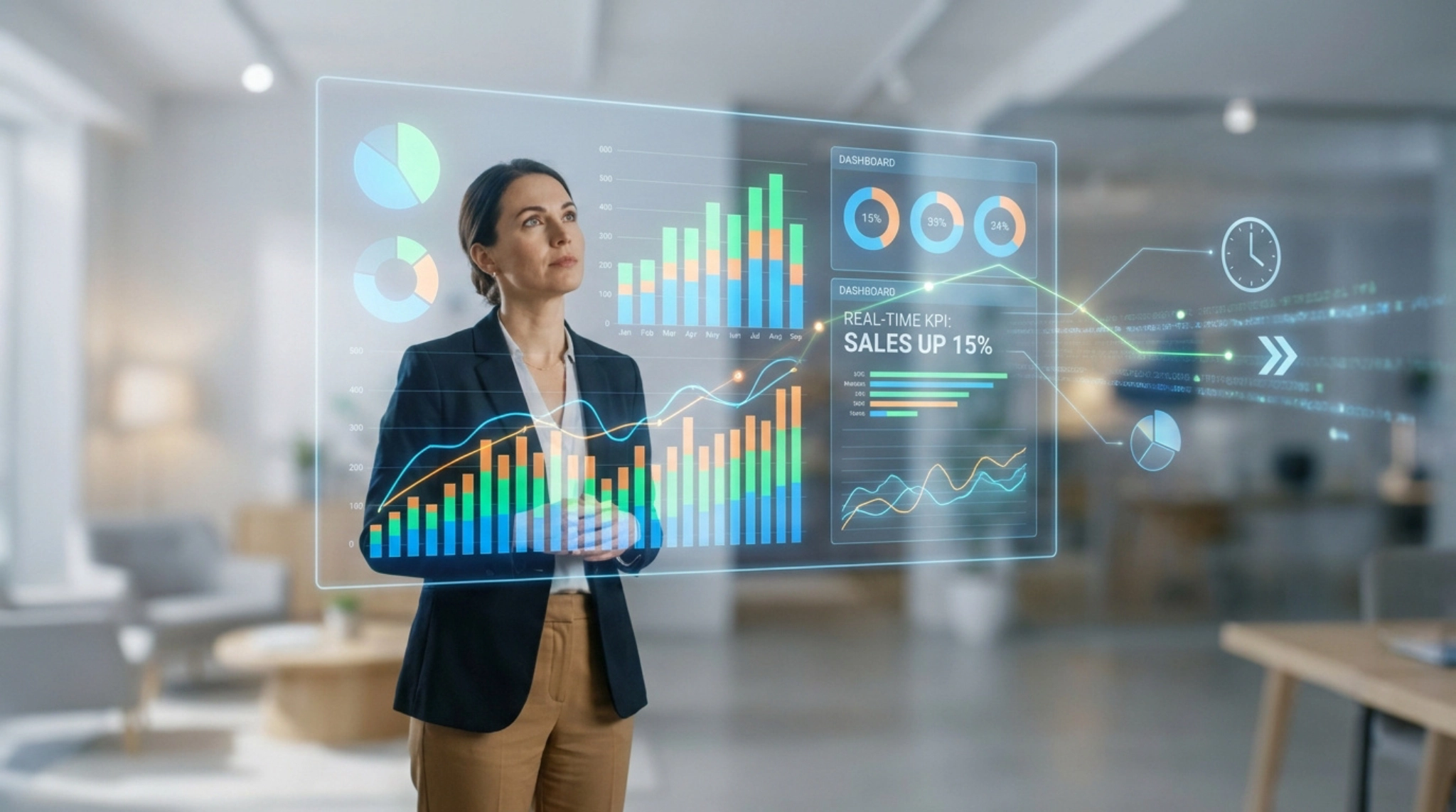 Une femme d'affaires analyse des graphiques et indicateurs de performance en temps réel sur une interface holographique.