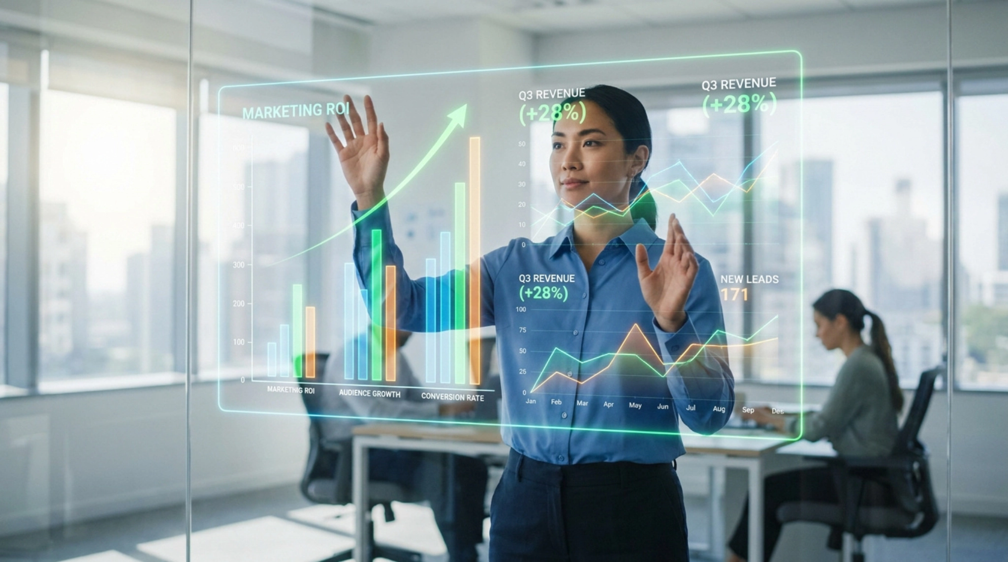 Une femme d'affaires analyse des graphiques de données marketing sur une interface holographique transparente.