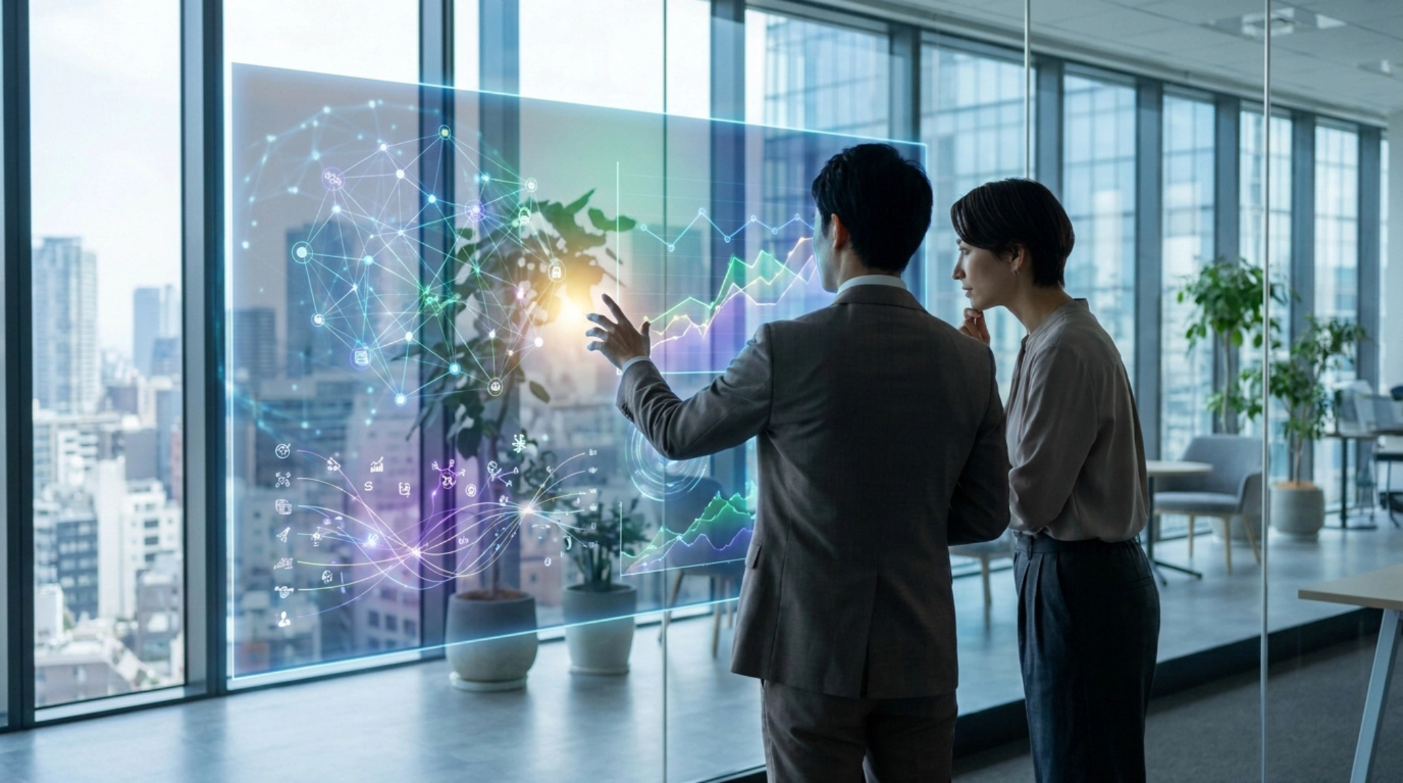 Deux professionnels analysent des données SEO et des graphiques de performance sur un écran holographique transparent.