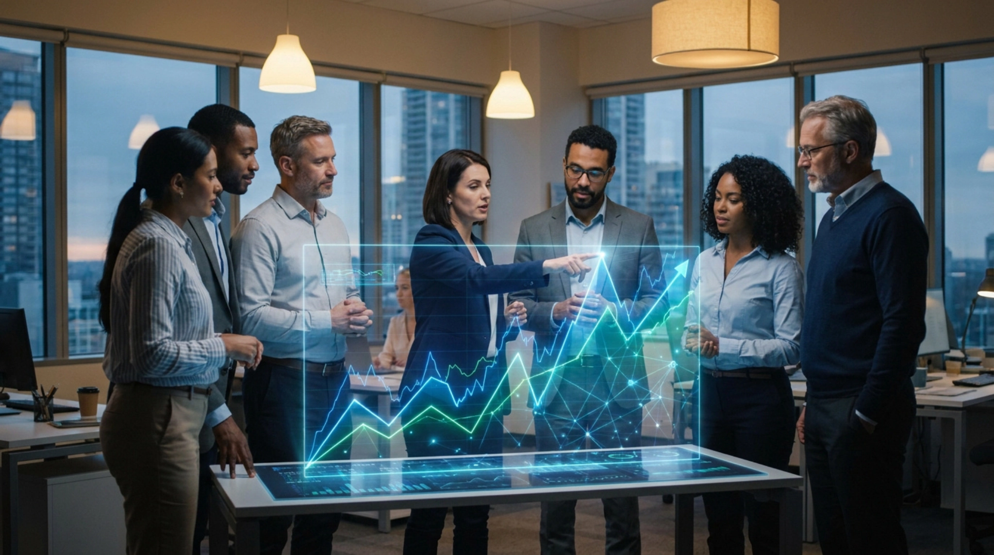 Une équipe professionnelle analyse des graphiques de performance financière sur une interface holographique en bureau.