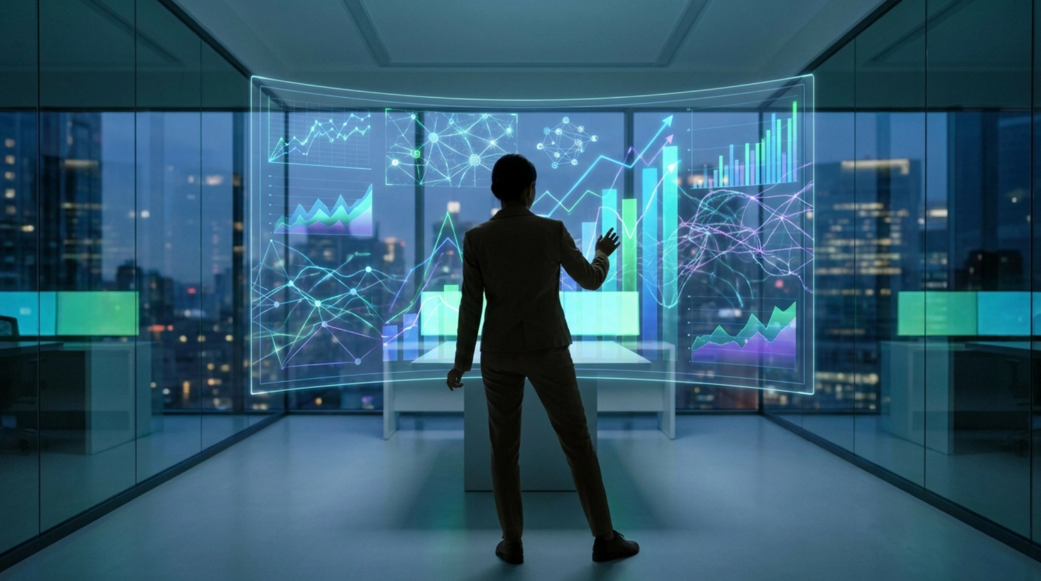 Une femme d'affaires analyse des graphiques de données interactifs sur un écran flottant dans un bureau moderne.