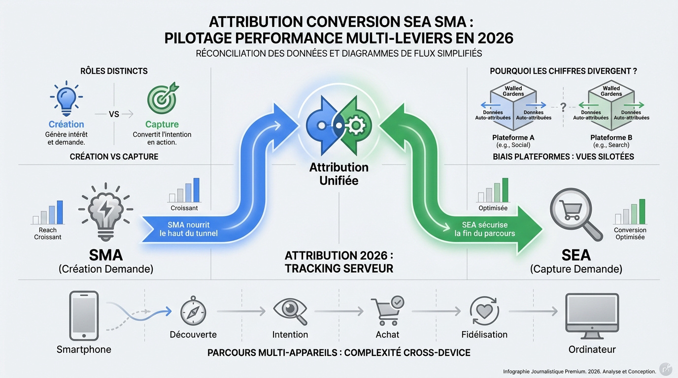 Schéma de l'attribution conversion entre les leviers SEA et SMA pour la performance marketing 2026