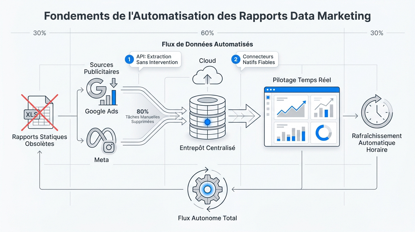 Schéma d'un pipeline d'automatisation des rapports data marketing via API