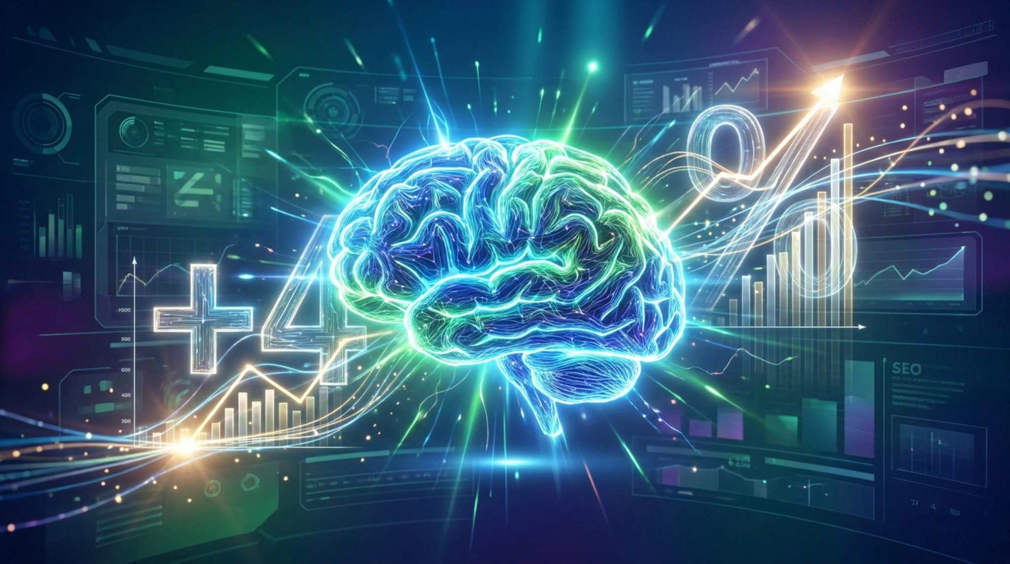 Illustration numérique d'un cerveau lumineux entouré de graphiques de données et d'un symbole de croissance de 40%.