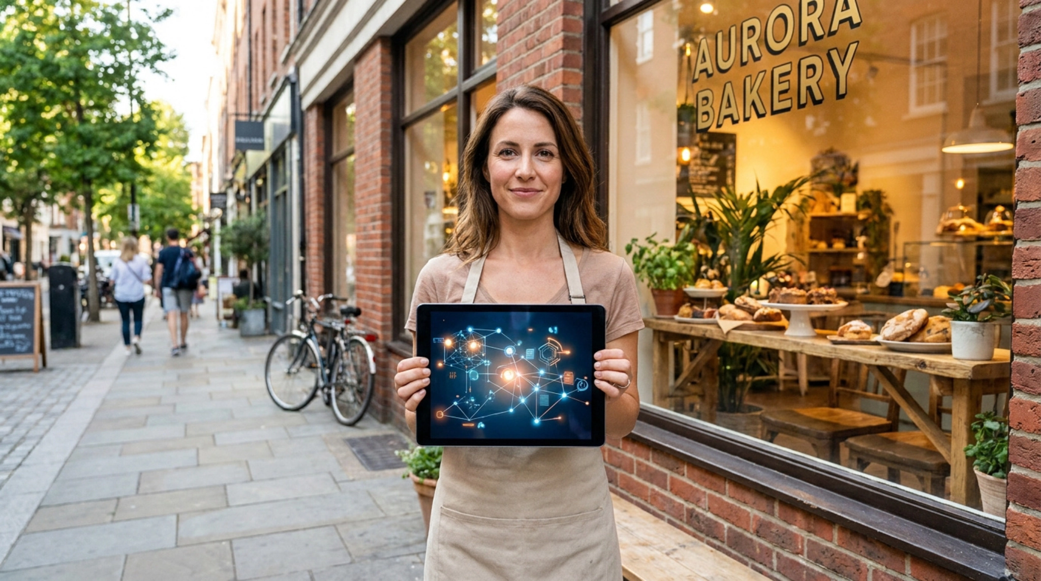 Une boulangère souriante tenant une tablette numérique affichant un réseau connecté devant sa boutique.