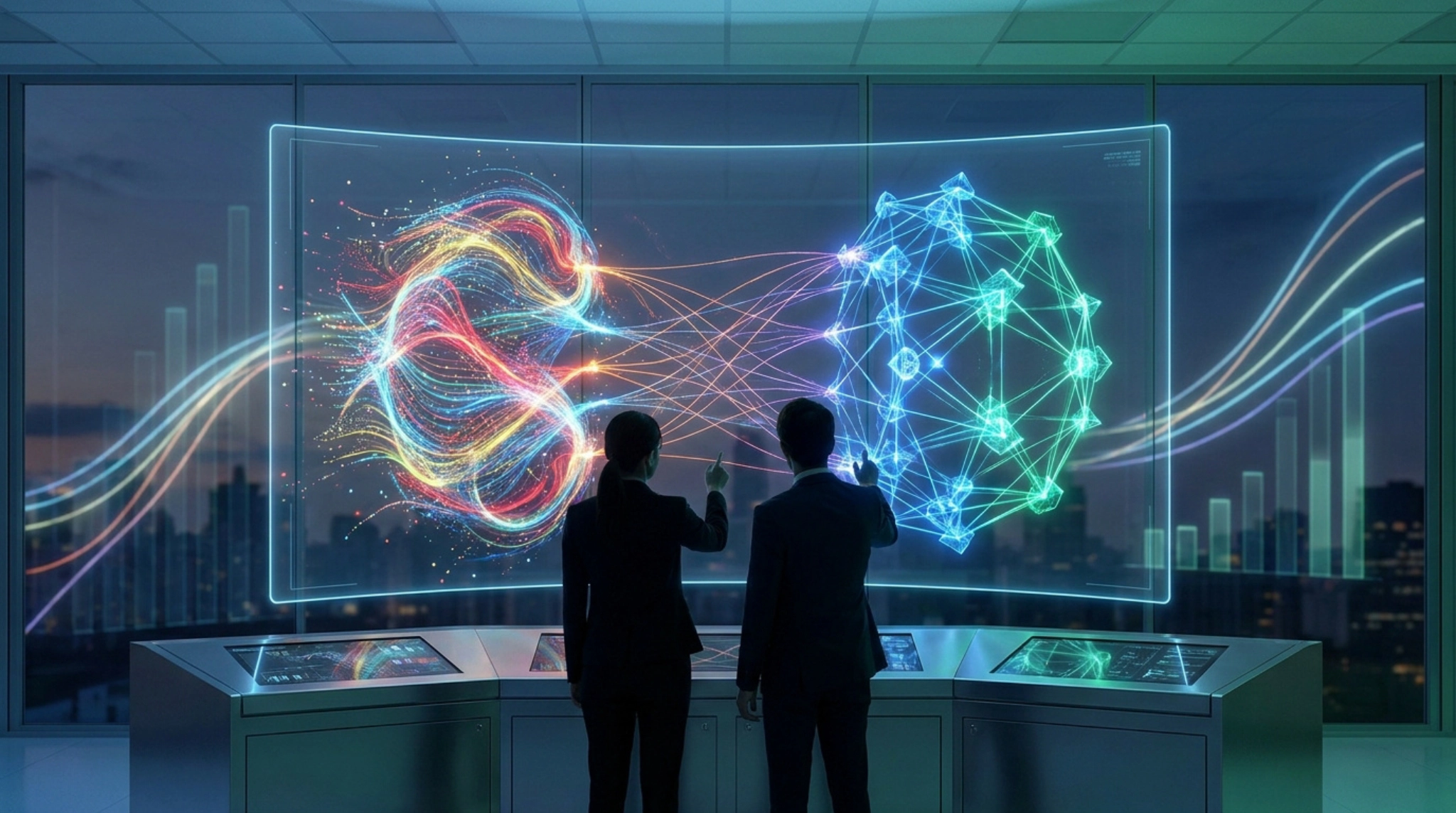 Deux professionnels analysent des données abstraites et des réseaux numériques sur un écran holographique futuriste.