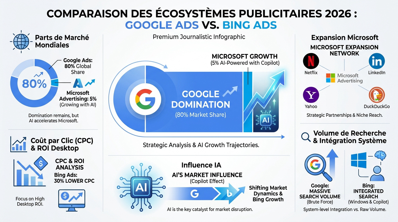 Comparatif des parts de marché Google Ads et Microsoft Advertising en 2026