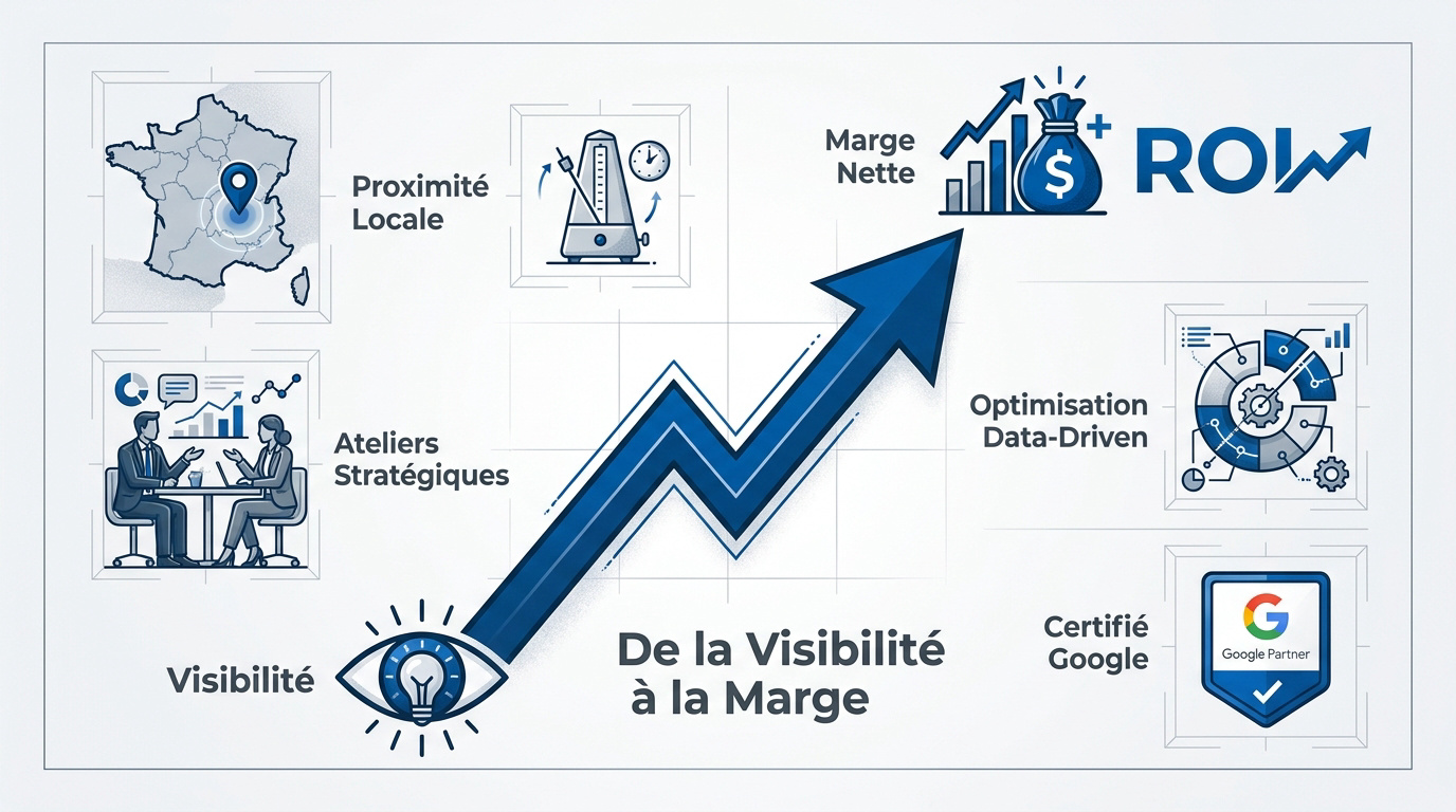 Infographie expliquant le passage de la visibilité publicitaire à la marge nette business