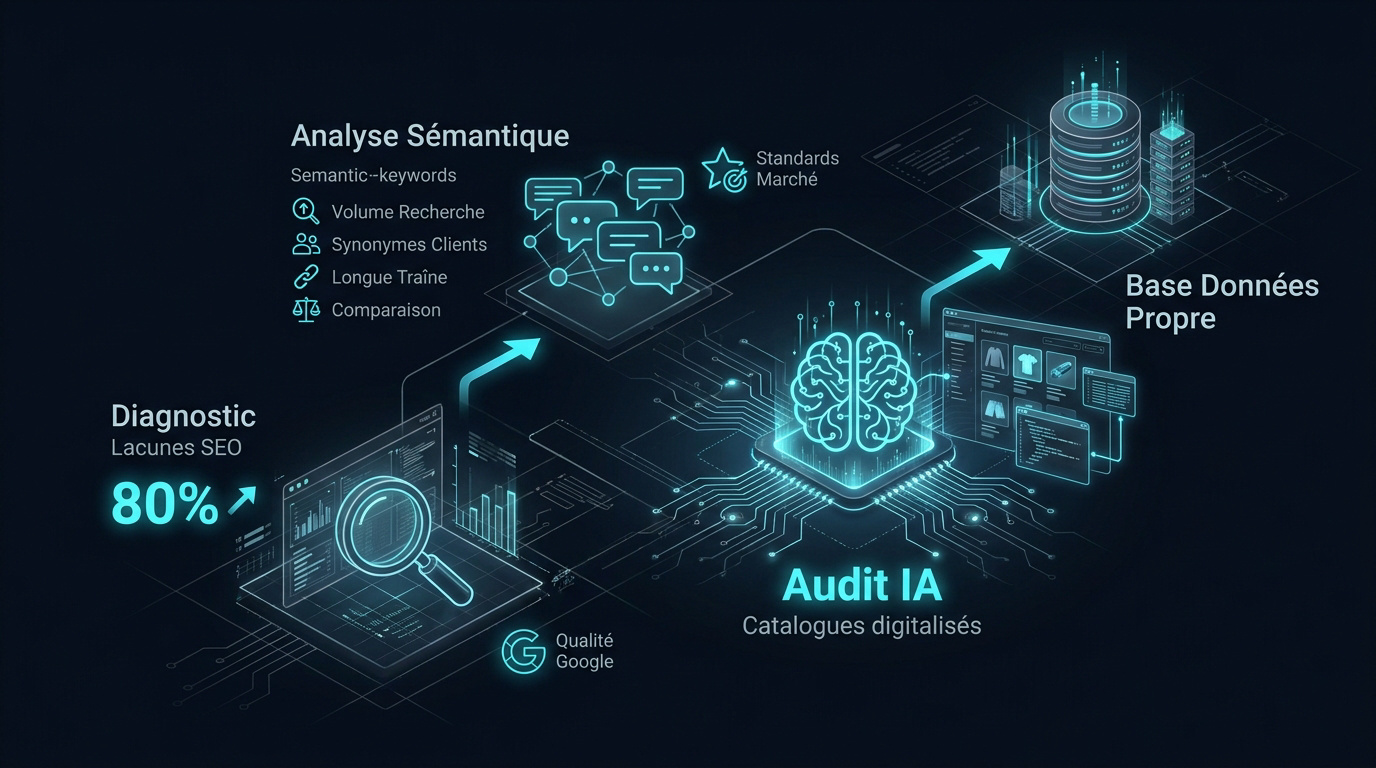 Infographie sur l'audit IA et l'analyse sémantique des fiches produits