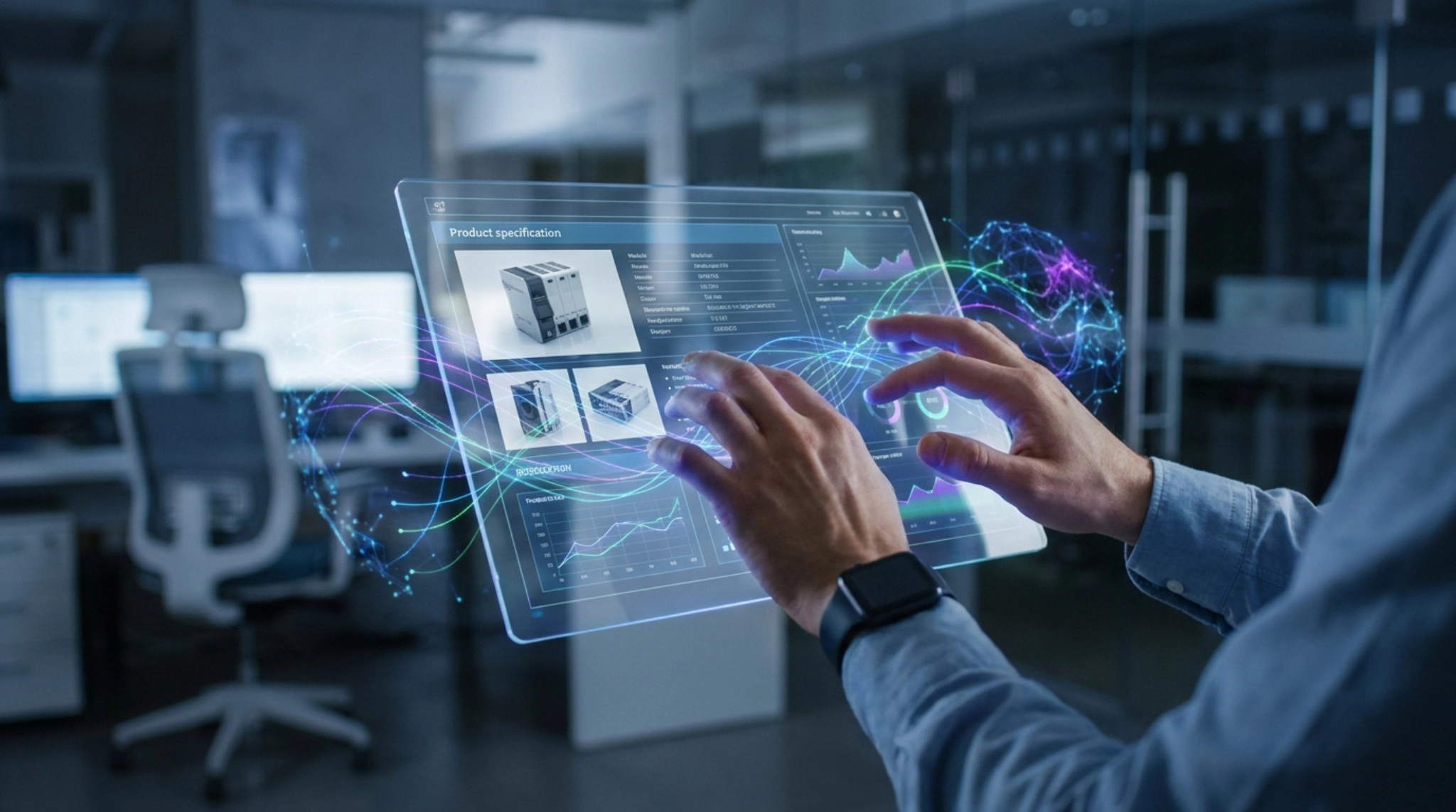 Mains manipulant une interface holographique affichant des spécifications techniques de produits et des données.
