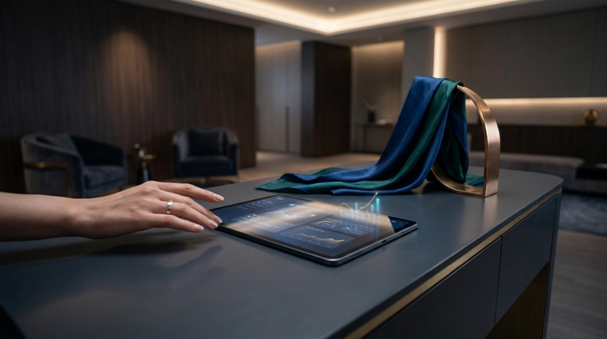 Une main utilisant une tablette avec des graphiques de données en réalité augmentée dans un intérieur luxueux.
