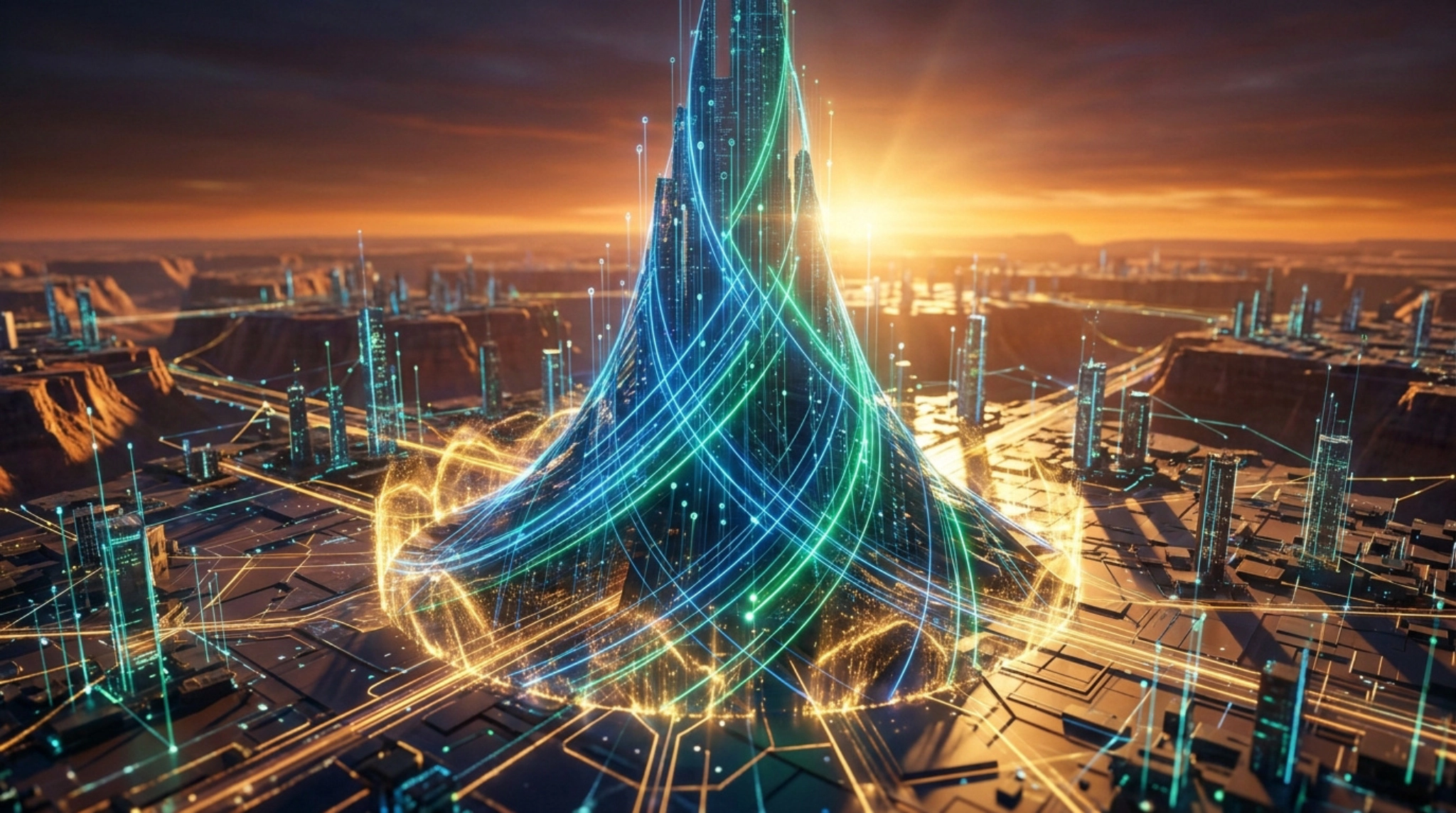 Une tour technologique futuriste au centre d'une ville connectée par des flux de lumière sur fond de coucher de soleil.