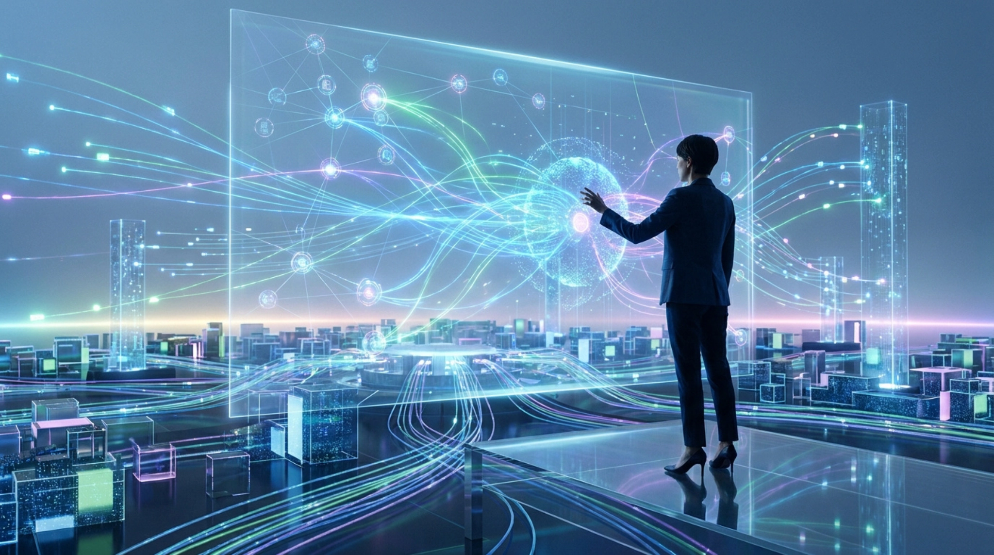 Une professionnelle en costume interagit avec une interface holographique complexe représentant des flux de données.