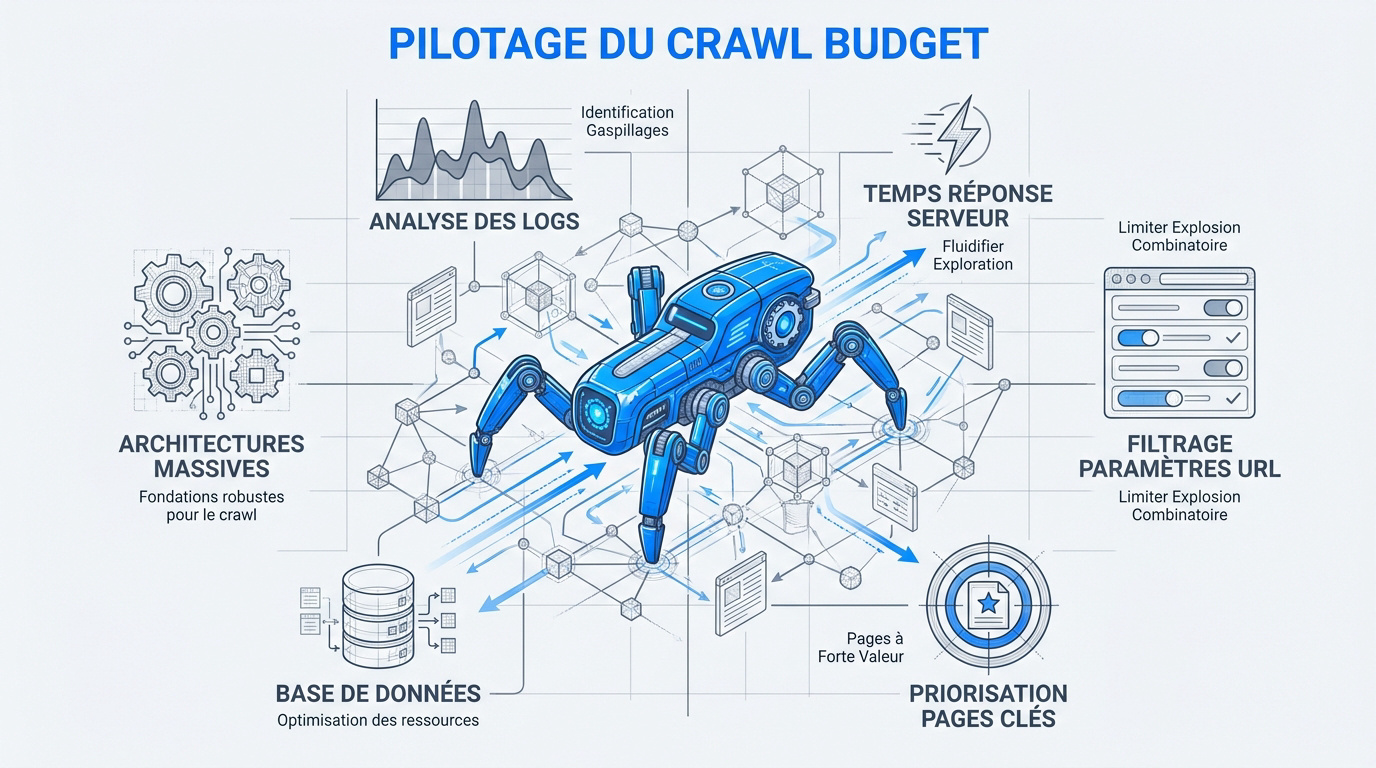 Schéma technique de l'optimisation du crawl budget et analyse des logs serveurs